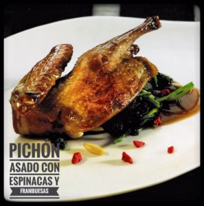 receta de pichón asado con espinacas y frambuesas del chef Dani Lechuga