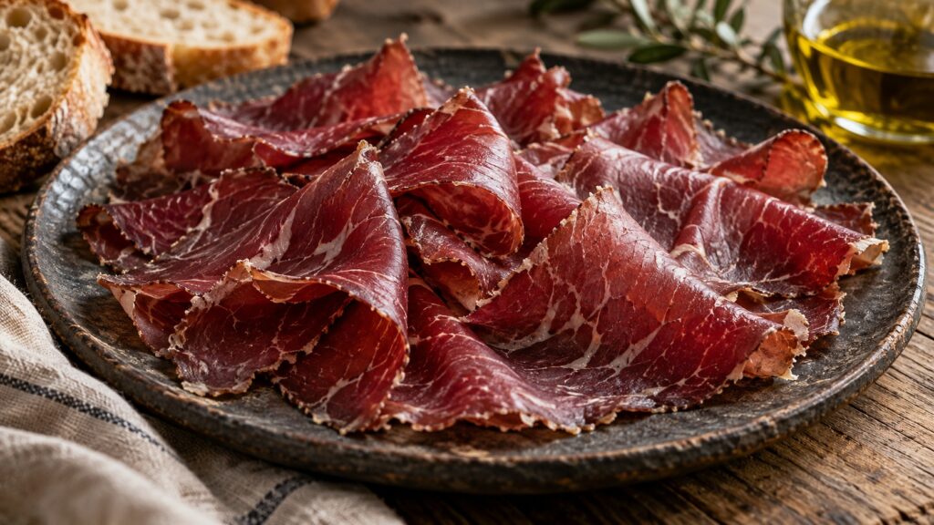 Cecina de vacuno cortada en lonchas finas sobre plato negro