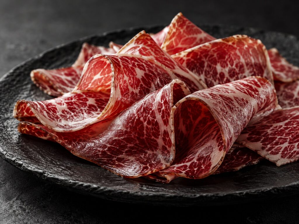 láminas de cecina de Wagyu sobre pizarra negra